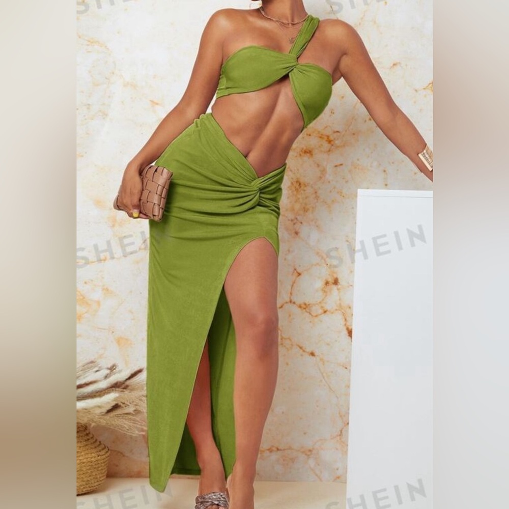 SHEIN one shoulder twist crop top and split high skirt
